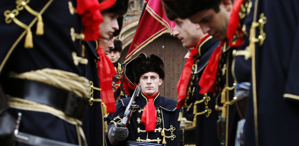 Croatian soldiers in traditional uniform at St. Mark's Square in Zagreb